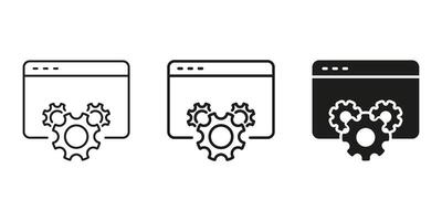 Web Development And Optimization Gear Icon Set. Website Configuration And Maintenance Outline And Silhouette Symbol Collection. Browser And Gear Integration. Isolated Illustration vector