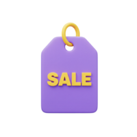 3D Render of Purple Sale Tag with Yellow Text Hanging Tag Retail Discount Offer png