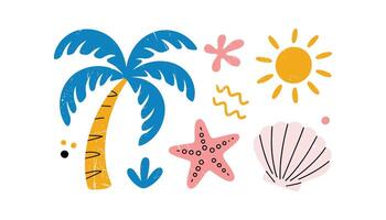 Colorful Summer Beach Elements Palm Tree, Sun, Starfish and Shell vector