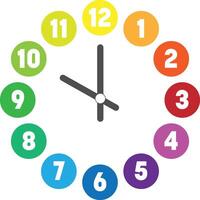 Colorful clock face. Hour dial with numbers in colored circles. Simple flat illustration. vector