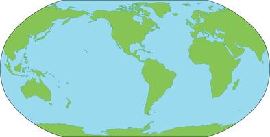 World map silhouette. Robinson Projection focused on Americas. Green continents and blue oceans. Simple flat map. vector