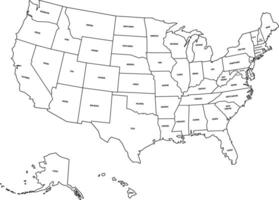 Political map of United States od America, USA. Simple flat black outline map with black state name labels on white background. vector