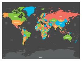 World map. High detailed political map of World with country, capital, ocean and sea names labeling. Colorful map on dark background. vector