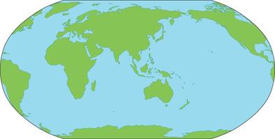 World map silhouette. Robinson Projection focused on Asia and Australia. Green continents and blue oceans. Simple flat map. vector
