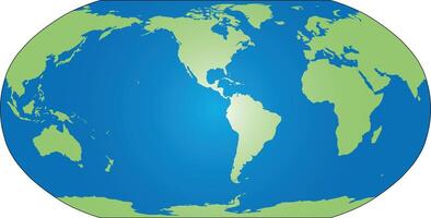 World map silhouette. Robinson Projection focused on Americas. Green continents and blue oceans. Simple flat map vector