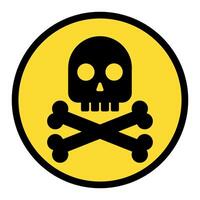 Black skull with crossed bones in yellow circle sign. Symbol of danger, death, poison, risk or pirates. Simple flat icon. vector