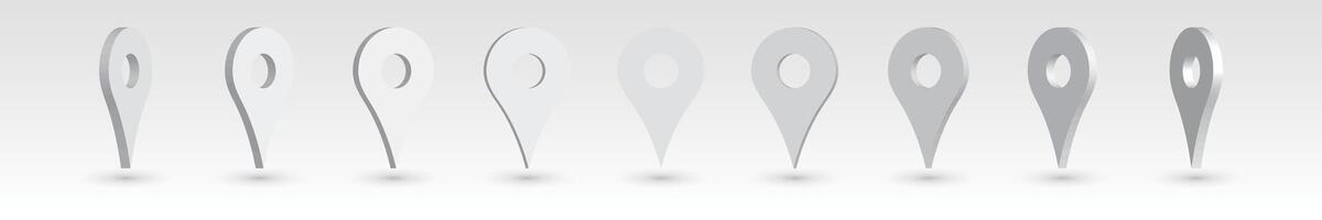 Set of 3D grey map pointers with dropped shadow. illustrated location mark. vector