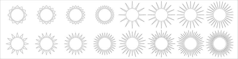 Set of simple icons of sun with a circular core and elongated spikes radiating outward. It is suitable for various design projects, showcasing warmth and brightness. vector