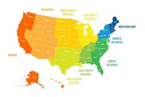 Regions and Divisions of United States - statistical units defined by US Census Bureau. Colorful map. vector