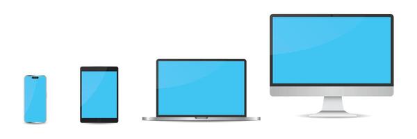 Set of four modern office devices mockup - mobile smartphone, tablet, laptop and PC monitor. 3D realistic objects with dropped shadow vector