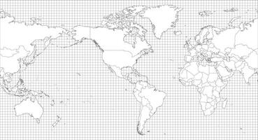 World map - America centered. Simple thin black outline blank map on squared background. High detailed political map of World. vector