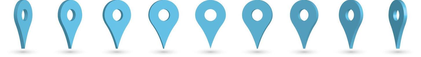 Set of 3D blue map pointers with dropped shadow. illustrated location mark. vector