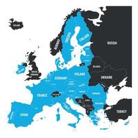 Political map of Europe with blue highlighted 27 European Union, EU, member states after brexit in 2020. Simple flat illustration. vector