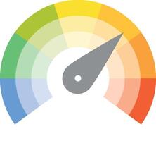 Multicolored spectrum radial gauge scale with arrow hand pointer. Satisfaction, temperature, risk, rating, performance and feedback indicator or speed tachometer. illustration. vector