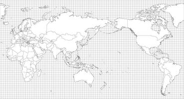 World map - Asia, Australia and Pacific Ocean centered. Simple thin black outline blank map on squared background. High detailed political map of World. vector