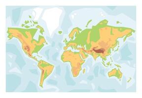 Simplified physical map of World. Colorful height layers and water bathymetry. Blank map. vector
