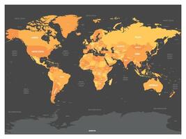 World map. High detailed political map of World with country, capital, ocean and sea names labeling. Orange map on dark background. vector