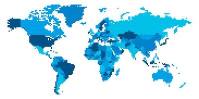 Pixelized Political World Map - pixel mosaic of squares. Four color scheme in blue. illustration vector