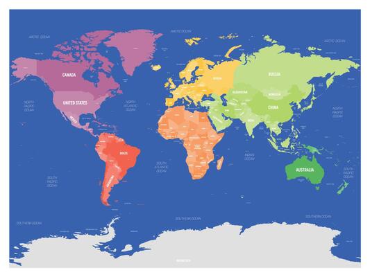 Colorful political map of World divided into six continents on dark blue background. With countries, capital cities, seas and oceans labels. illustration.
