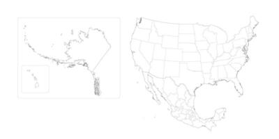 Political map of United States and Mexico with administrative divisions. Thin black outline map with countries and states name labels. illustration vector