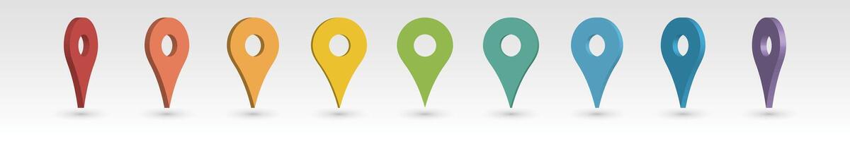 Set of 3D colorful map pointers with dropped shadow. illustrated location mark. vector
