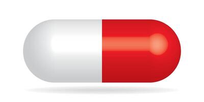 Red-white pill. Drug or medicament symbol. 3D object with dropped shadow. vector
