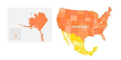 Political map of United States and Mexico with administrative divisions. Colorful map with countries and states name labels. illustration vector