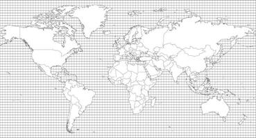 World map - simple thin black outline blank map on squared background. High detailed political map of World. vector