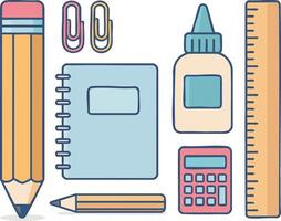School supplies arranged neatly on a white background featuring a pencil, notebook, ruler, glue, calculator, and paper clips vector