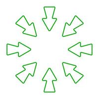 Directional arrow icon. Eight bold green arrows pointing inward from all sides. Represents focus, convergence, navigation, or centralization concept. vector