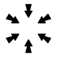 Directional arrow icon. Six bold black arrows pointing inward from all sides. Represents focus, convergence, navigation, or centralization concept. vector