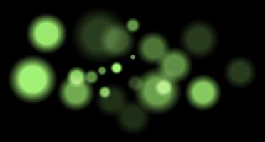 Green blurred bokeh circles on black background with soft glow, imitating distant lights or defocused highlights in low-light environment. vector
