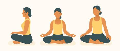 Group of women in seated meditation with different hand gestures, focusing on breathing, posture, and calm in pilates and yoga vector