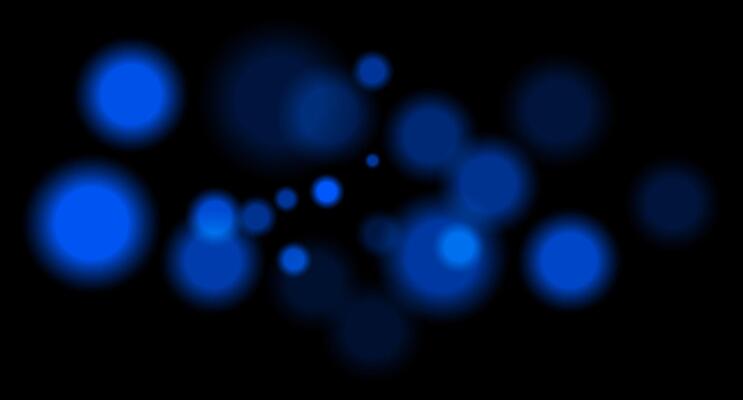 Blue blurred bokeh circles on black background with soft glow, imitating distant lights or defocused highlights in low-light environment.