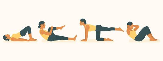Home workout icon. Woman shown in bridge, single-leg stretch, bird-dog, and crunch exercises. Emphasis on abs, glutes, coordination, and muscle tone. vector
