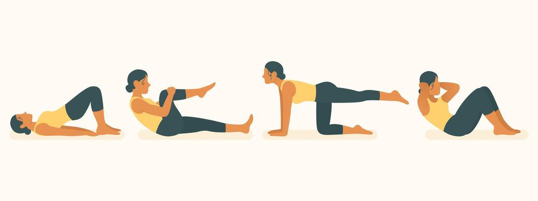 Home workout icon. Woman shown in bridge, single-leg stretch, bird-dog, and crunch exercises. Emphasis on abs, glutes, coordination, and muscle tone.