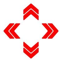 Arrow cluster icon. Red outlined chevrons pointing up, down, left, right. Indicates navigation, orientation, digital movement, or data flow. vector