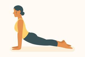 Woman in upward dog pose stretching spine and chest, improving flexibility and control with yoga and pilates method vector