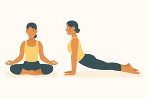 Woman practicing meditation and upward dog pose, combining calm breathing with spine extension in yoga and pilates routine vector