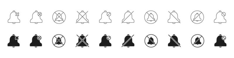Bell Notification Off Icon Set. Silent Mode, Mute Alerts, And Do Not Disturb Outline And Solid Symbol Collection. Notification Management And Sound Control. Isolated Illustration vector