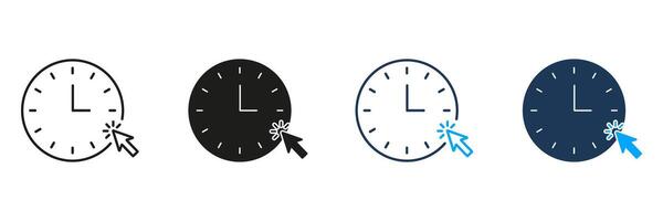 Clock With Cursor Click Line And Solid Icon Set. Time Management, Scheduling, And Online Interaction Symbol Collection. Efficient Planning And Digital Engagement. Isolated Illustration vector