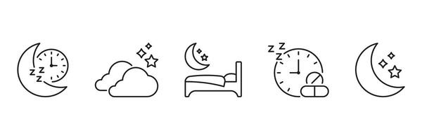 Sleep And Nighttime Routine Line Icon Set. Sleep Cycle, Restful Sleep, And Bedtime Symbols Collection. Moon, Stars, And Clock Illustrations. Editable Stroke. Isolated Illustration vector