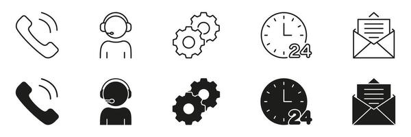 Communication And Customer Support Line And Solid Icon Set. Call Center, 24 7 Service, Email Correspondence Symbol Collection. Technical Assistance And Contact Solutions. Isolated Illustration vector