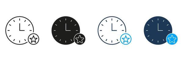 Clock With Star Line And Solid Icon Set. Time Management, Priority Setting, And Scheduling Symbol Collection. Efficiency And Productivity Enhancement. Isolated Illustration vector