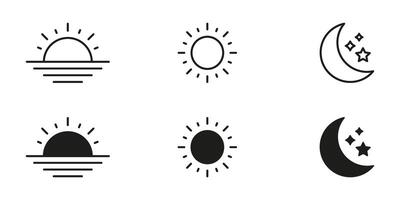 Sunrise, Sun, And Moon Line And Solid Icon Set. Day And Night Cycle, Weather, And Time Symbol Collection. Celestial Phenomena And Natural Rhythms. Isolated Illustration vector