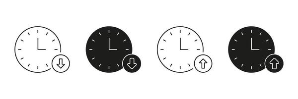 Clock With Up And Down Arrows Line And Solid Icon Set. Time Management, Scheduling, And Priority Adjustment Symbol Collection. Efficiency And Productivity Enhancement. Isolated Illustration vector