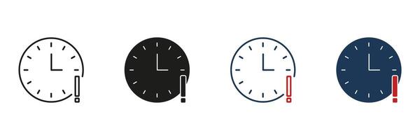 Clock With Exclamation Mark Line And Solid Icon Set. Urgency, Deadline, And Time Management Alert Symbol Collection. Time-Sensitive Notification. Isolated Illustration vector