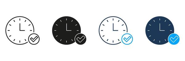 Clock With Checkmark Line And Solid Icon Set. Time Management, Task Completion, And Schedule Confirmation Symbol Collection. Efficient Planning And Productivity. Isolated Illustration vector