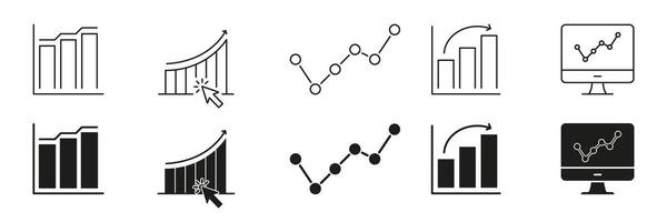 Bar Graph Analytics Icon Set. Data Visualization, Performance Tracking, Business Growth Symbol Collection. Financial Analysis And Market Trends Representation. Isolated Illustration vector
