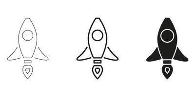 Rocket Ship In Line, Outline, And Glyph Icon Set. Space Exploration, Innovation, And Startup Launch Symbol Collection. Futuristic Technology And Adventure. Isolated Illustration vector